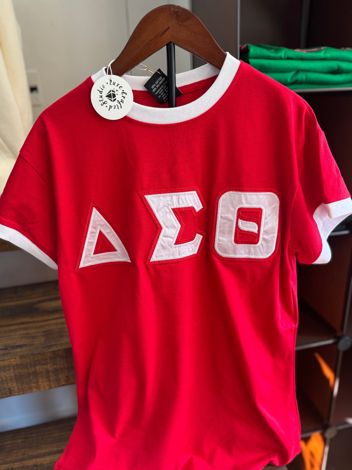 Delta Embroidered Satin Greek Letters Tee