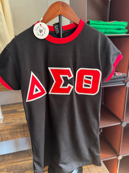 Delta Embroidered Satin Greek Letters Tee